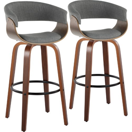 Vintage Mod 30" Swivel Bar Stool in Walnut Wood & Light Grey Fabric w/ Black Footrest (Set of 2)